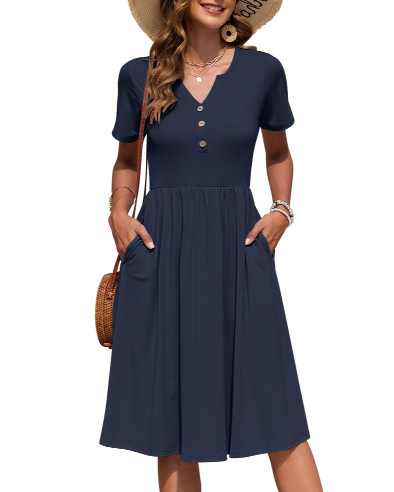 Ester Women's Dress – Mid-Length Summer Dress with V-Neck, Short Sleeves, Buttoned, Empire Waist, Pockets