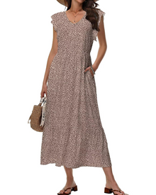 Mélanie Women's Midi Dress – Floral V-Neck Dress with Pockets, Elegant & Comfortable Fit