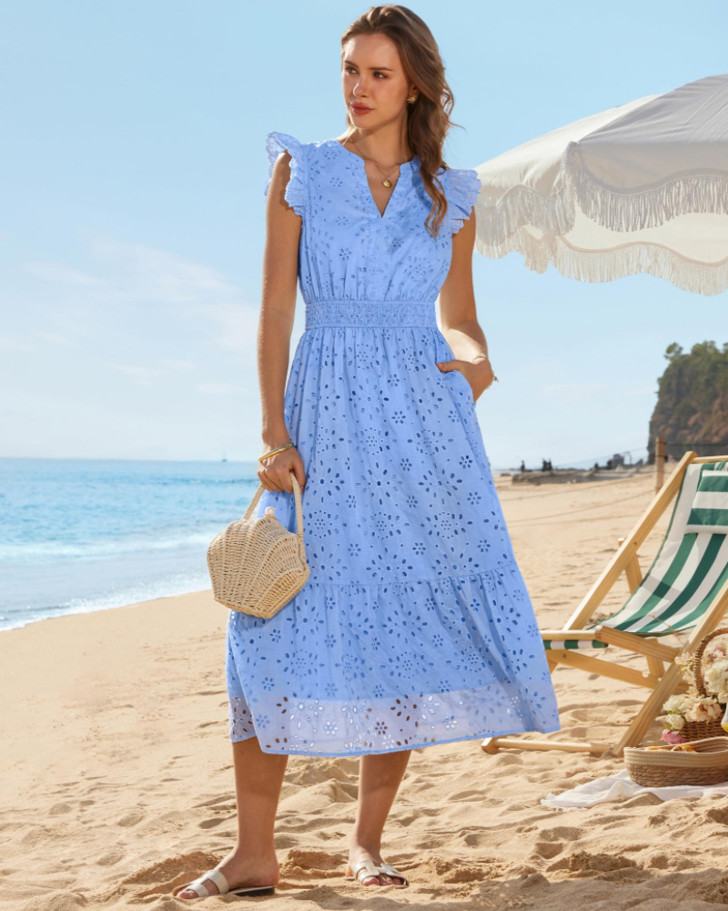 Fella Midi Dress for Women – Henley V-Neck Dress, Flared Sleeves & Smocked Waist