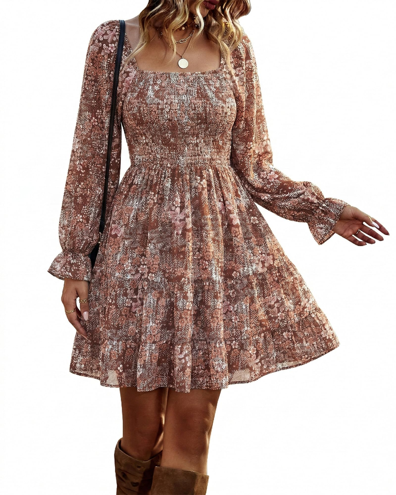 Léa Women's Dress – Bohemian Mini Dress with Square Neck, Smocked High Waist, Long Sleeves, and Ruffles