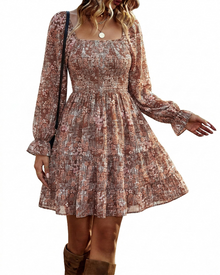 Léa Women's Dress – Bohemian Mini Dress with Square Neck, Smocked High Waist, Long Sleeves, and Ruffles