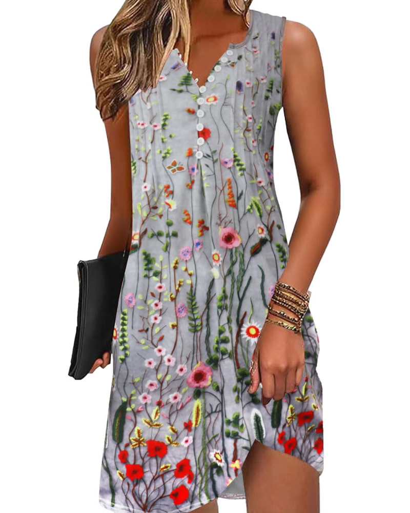 Inès Women's Summer Dress – Bohemian V-Neck Floral Dress, A-Line Cut & Casual Style