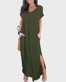 Rosenda Women's Maxi Dress – V-Neck, Short Sleeves, Flowing Fit & Slit with Pockets Summer