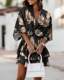 Rina Short Dress for Women – Floral V-Neck Dress, Long Sleeves & Light Style