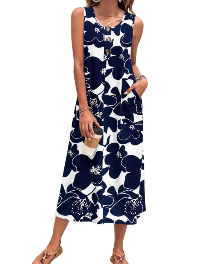 Julia Women's Robe – Sleeveless Button-Down A-Line Maxi Dress with Pockets Summer Casual