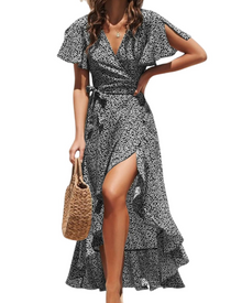 Lionie Women's Dress – Long Floral Wrap Dress with V-Neck, Short Sleeves, Ruffles, and Adjustable Waist