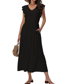 Mélanie Women's Midi Dress – Floral V-Neck Dress with Pockets, Elegant & Comfortable Fit