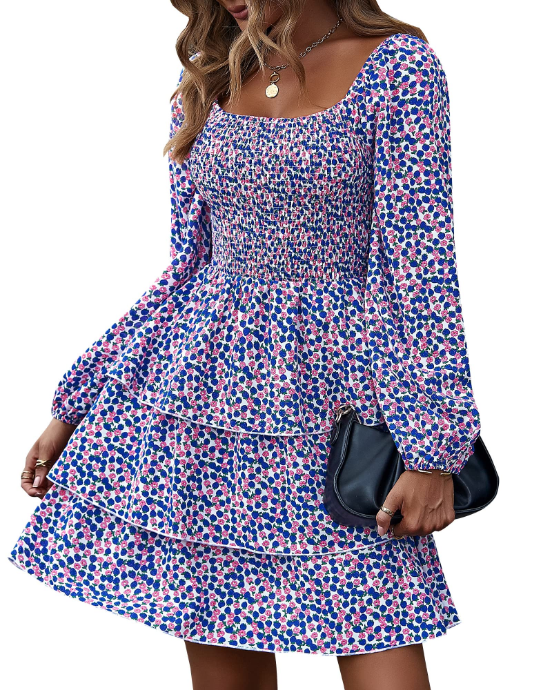 Léa Women's Dress – Bohemian Mini Dress with Square Neck, Smocked High Waist, Long Sleeves, and Ruffles