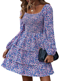 Léa Women's Dress – Bohemian Mini Dress with Square Neck, Smocked High Waist, Long Sleeves, and Ruffles