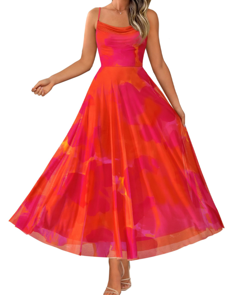 Denise Women's Dress – Floral Maxi Dress with Thin Straps, Draped Neckline, Elegant A-Line Cut