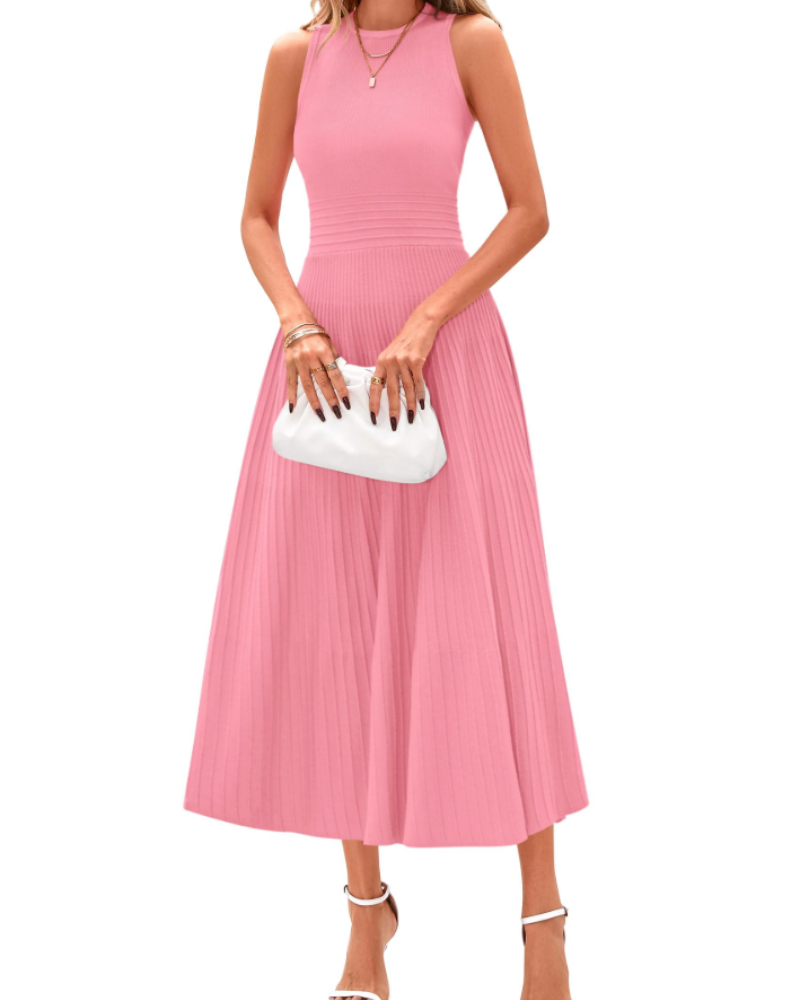 Blare Women's Dress – Elegant High-Waisted Sleeveless Pleated A-Line Midi Dress for Office