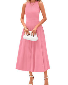 Blare Women's Dress – Elegant High-Waisted Sleeveless Pleated A-Line Midi Dress for Office