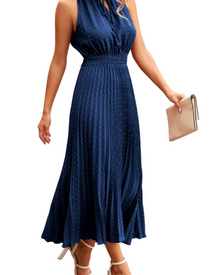 Vina Women's Dress – Midi Dress with V-Neck, Swiss Dot, Ruffles, Sleeveless, High Waist, Summer