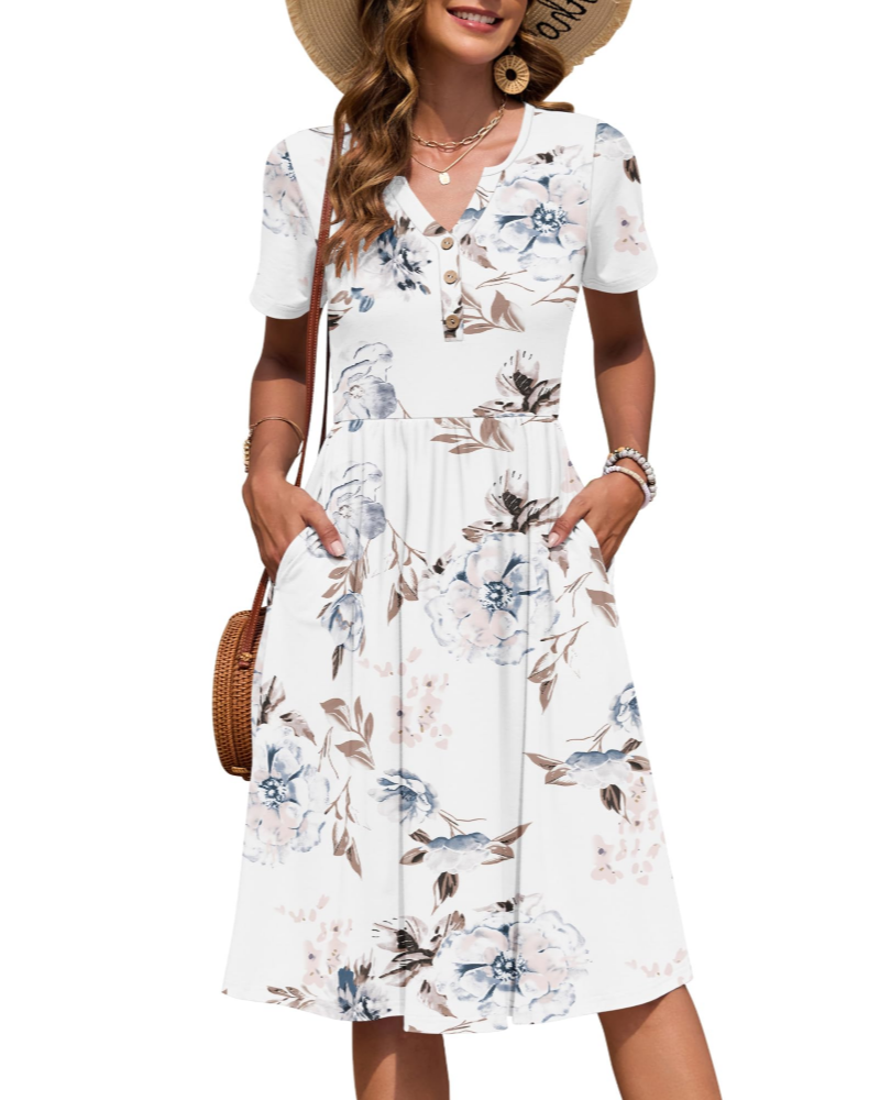 Ester Women's Dress – Mid-Length Summer Dress with V-Neck, Short Sleeves, Buttoned, Empire Waist, Pockets