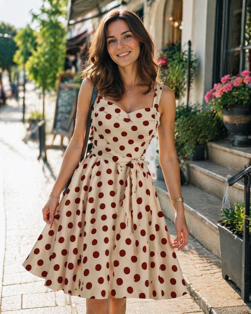 Rosie Women's Dress – Vintage Polka Dot Midi Dress V-Neck Sleeveless High Waist Chic Rockabilly