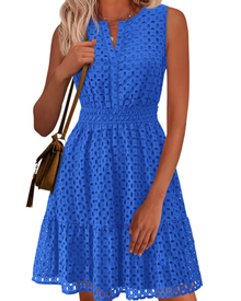 Clarisse Women's Dress – Summer A-Line Dress with V-Neck, Sleeveless, English Embroidery, Elastic Waist