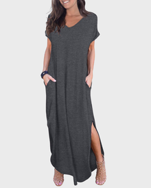 Rosenda Women's Maxi Dress – V-Neck, Short Sleeves, Flowing Fit & Slit with Pockets Summer