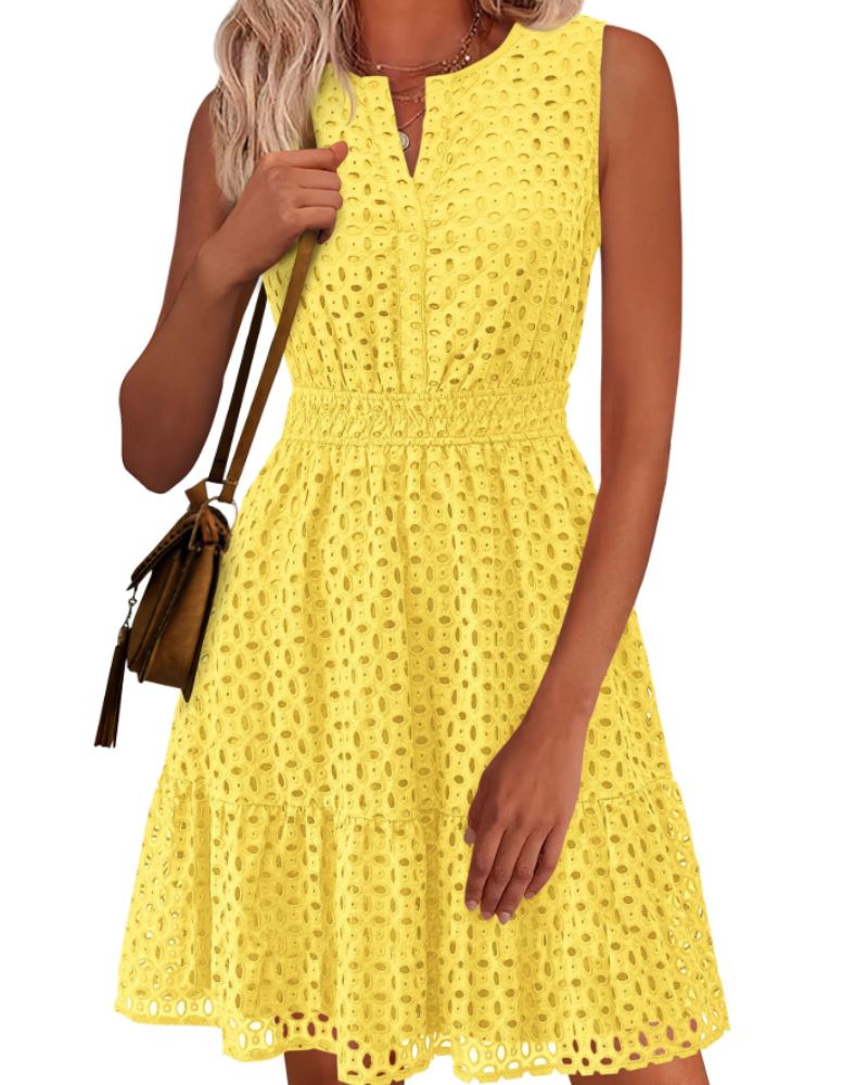 Clarisse Women's Dress – Summer A-Line Dress with V-Neck, Sleeveless, English Embroidery, Elastic Waist