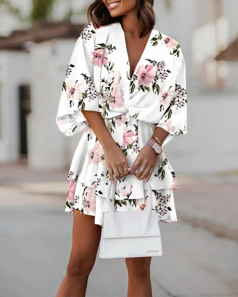 Rina Short Dress for Women – Floral V-Neck Dress, Long Sleeves & Light Style