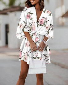 Rina Short Dress for Women – Floral V-Neck Dress, Long Sleeves & Light Style