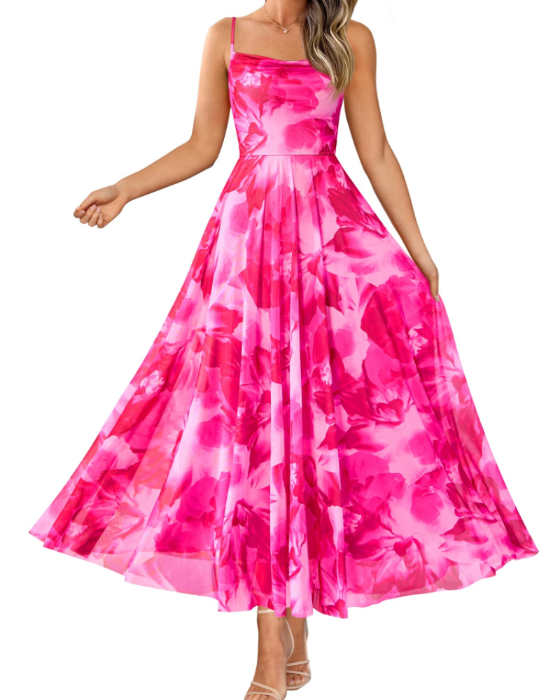 Denise Women's Dress – Floral Maxi Dress with Thin Straps, Draped Neckline, Elegant A-Line Cut
