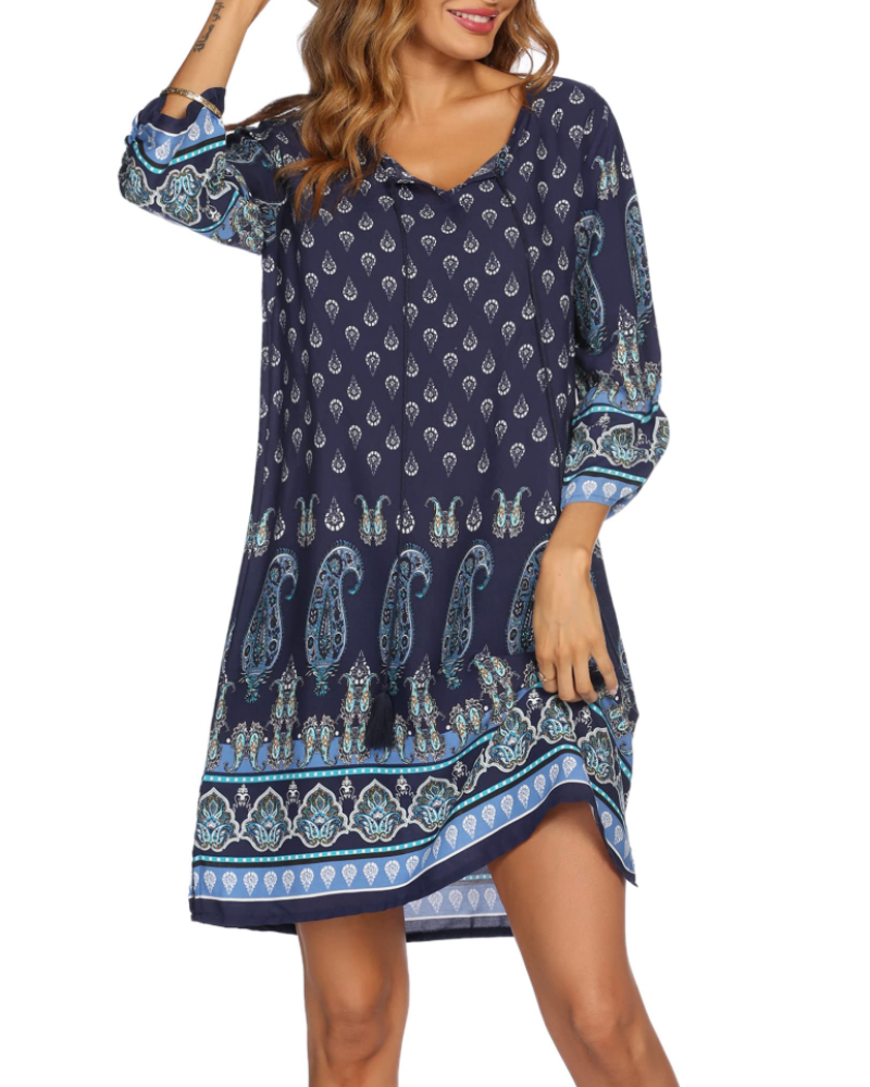Cella Bohemian Dress for Women – Floral Tunic Dress with V-Neck, 3/4 Sleeves & Flowing Fit