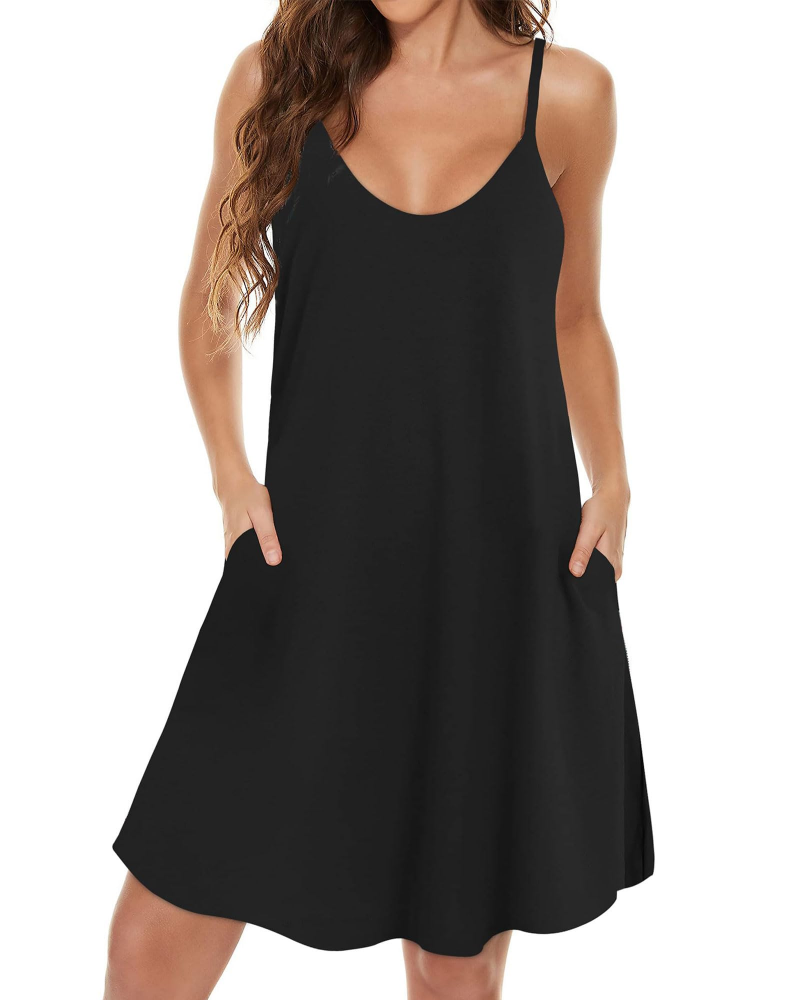 Lina Women's Dress – Summer Dress with Thin Straps, V-Neck, Flowing Fit, Pockets, Bohemian Style