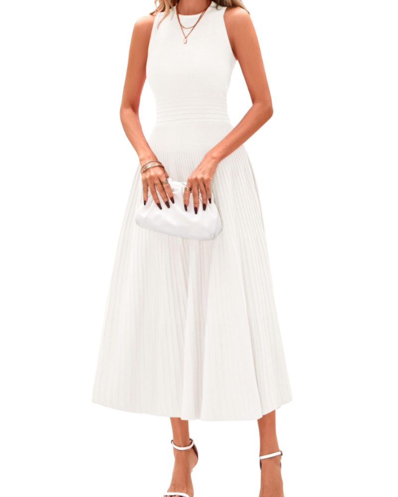 Blare Women's Dress – Elegant High-Waisted Sleeveless Pleated A-Line Midi Dress for Office