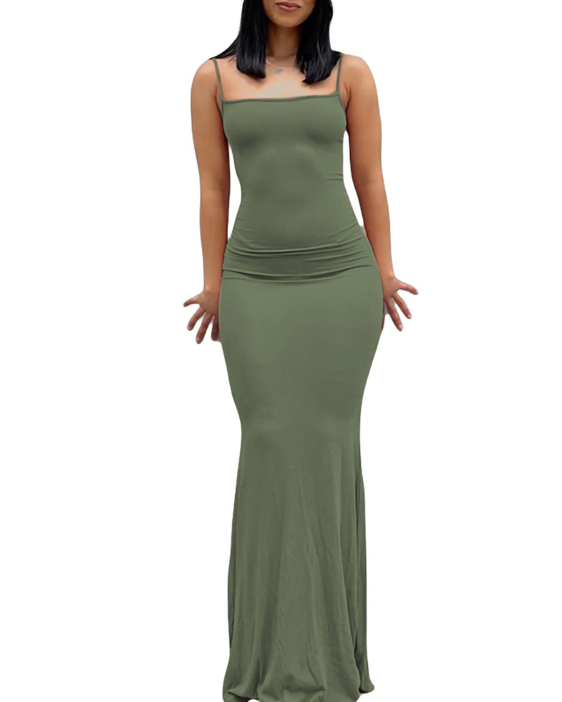 Aled Women's Dress – Bodycon Maxi with V-Neck and Thin Straps, Elegant Fitted Evening Dress