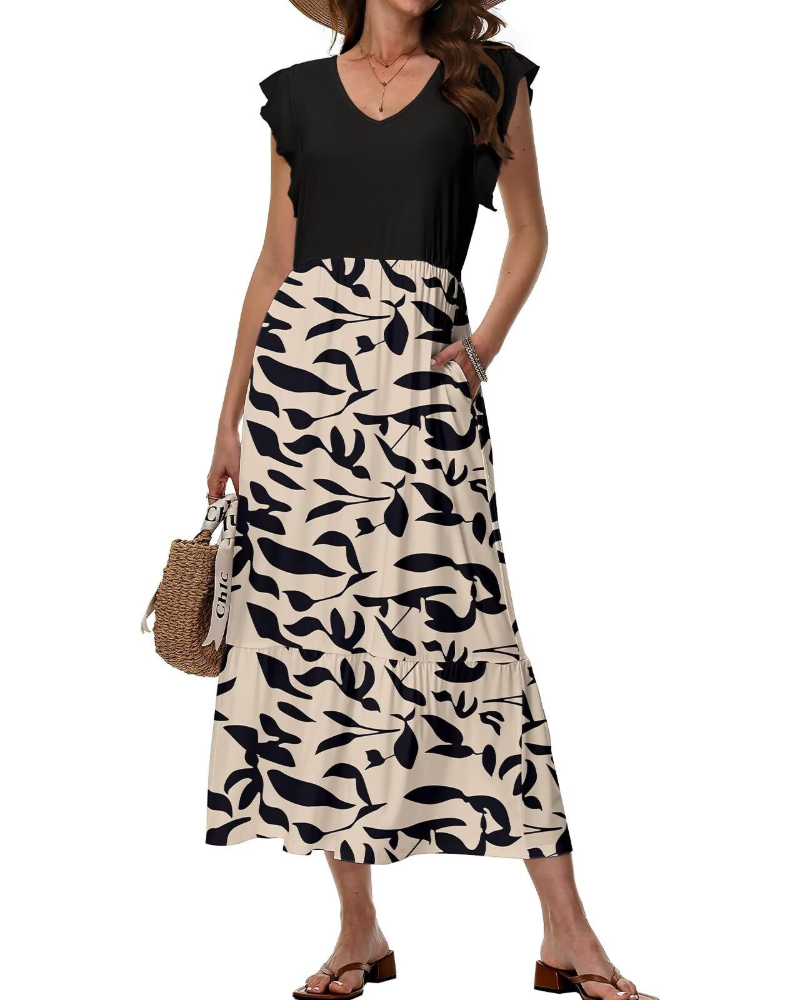 Mélanie Women's Midi Dress – Floral V-Neck Dress with Pockets, Elegant & Comfortable Fit