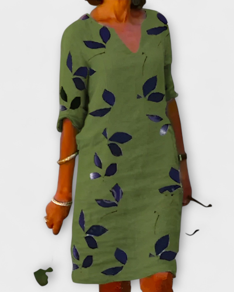 Madie Elegant Women's Dress – Flowing Leaf Print Dress, Flattering Fit & Comfort