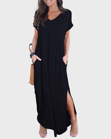 Rosenda Women's Maxi Dress – V-Neck, Short Sleeves, Flowing Fit & Slit with Pockets Summer
