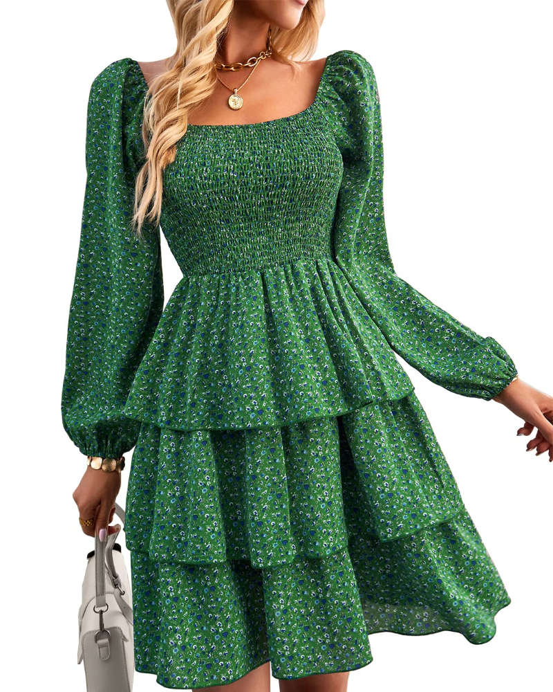 Léa Women's Dress – Bohemian Mini Dress with Square Neck, Smocked High Waist, Long Sleeves, and Ruffles