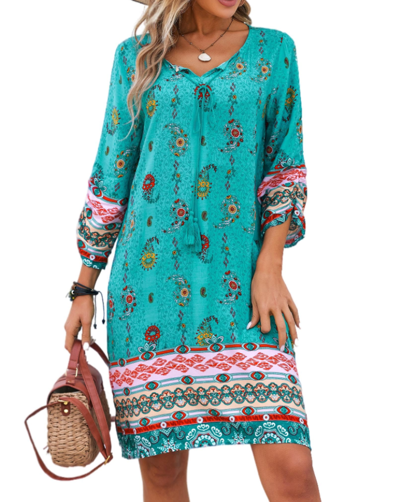 Cella Bohemian Dress for Women – Floral Tunic Dress with V-Neck, 3/4 Sleeves & Flowing Fit