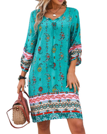 Cella Bohemian Dress for Women – Floral Tunic Dress with V-Neck, 3/4 Sleeves & Flowing Fit
