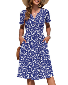 Ester Women's Dress – Mid-Length Summer Dress with V-Neck, Short Sleeves, Buttoned, Empire Waist, Pockets