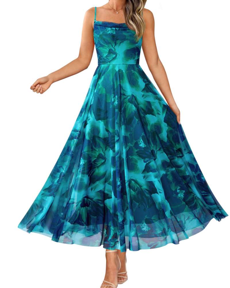 Denise Women's Dress – Floral Maxi Dress with Thin Straps, Draped Neckline, Elegant A-Line Cut