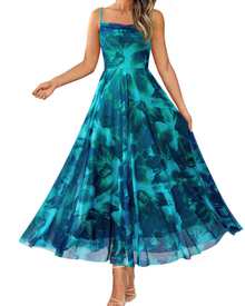 Denise Women's Dress – Floral Maxi Dress with Thin Straps, Draped Neckline, Elegant A-Line Cut