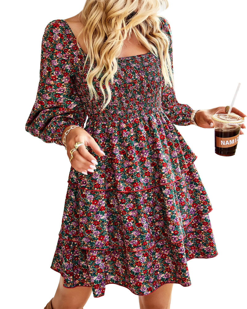 Léa Women's Dress – Bohemian Mini Dress with Square Neck, Smocked High Waist, Long Sleeves, and Ruffles