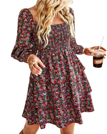 Léa Women's Dress – Bohemian Mini Dress with Square Neck, Smocked High Waist, Long Sleeves, and Ruffles