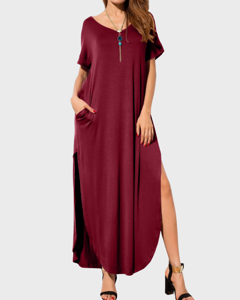 Rosenda Women's Maxi Dress – V-Neck, Short Sleeves, Flowing Fit & Slit with Pockets Summer