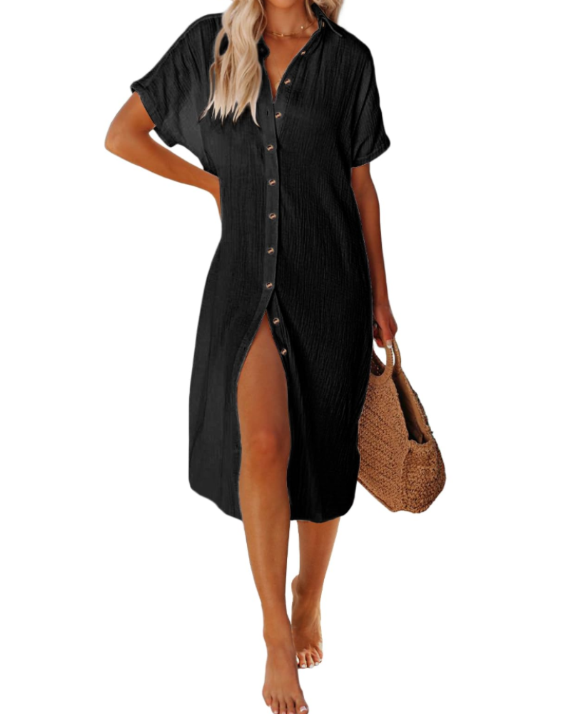 Weng Women's Beach Robe – Cotton V-Neck Buttoned Tunic, Long and Breathable Cut