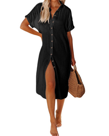 Weng Women's Beach Robe – Cotton V-Neck Buttoned Tunic, Long and Breathable Cut
