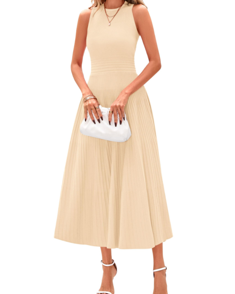 Blare Women's Dress – Elegant High-Waisted Sleeveless Pleated A-Line Midi Dress for Office