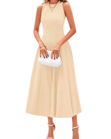 Blare Women's Dress – Elegant High-Waisted Sleeveless Pleated A-Line Midi Dress for Office