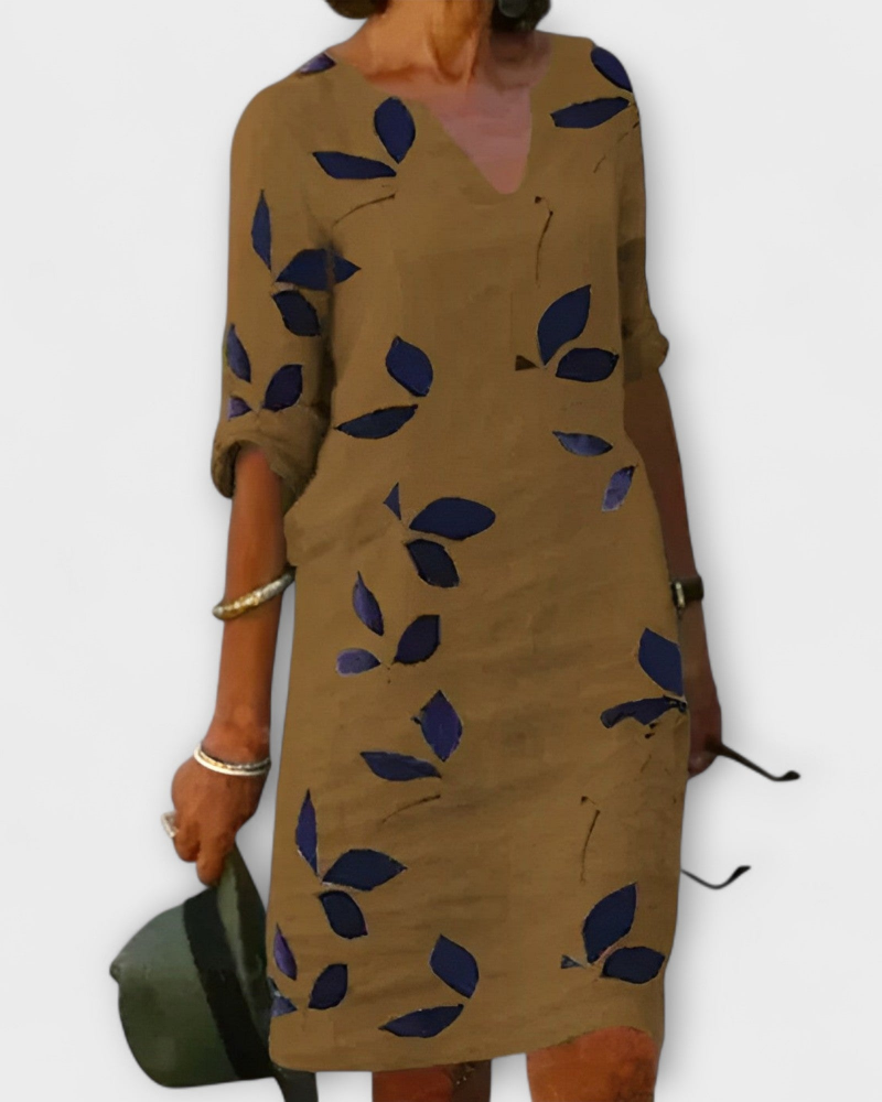 Madie Elegant Women's Dress – Flowing Leaf Print Dress, Flattering Fit & Comfort