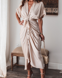 Mona Satin Maxi Dress for Women – Draped Cross-Over Dress, Slit & Evening Elegance