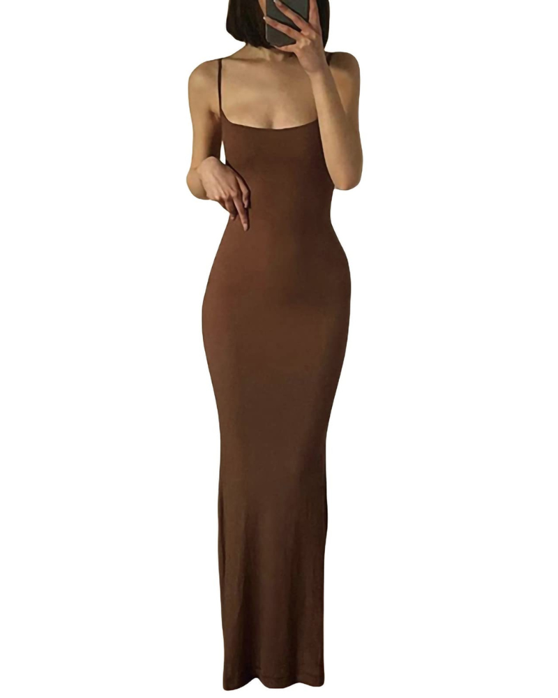 Aled Women's Dress – Bodycon Maxi with V-Neck and Thin Straps, Elegant Fitted Evening Dress