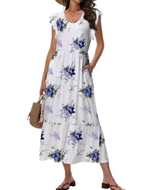 Mélanie Women's Midi Dress – Floral V-Neck Dress with Pockets, Elegant & Comfortable Fit