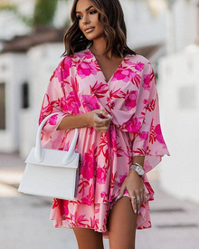 Rina Short Dress for Women – Floral V-Neck Dress, Long Sleeves & Light Style